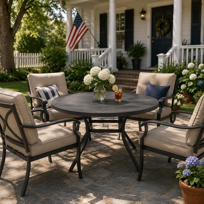 Anmutig Round Outdoor Dining Table, 48 Inch All-Weather Patio Table with Adjustable Umbrella Hole for Deck Lawn Garden Backyard Balcony Deck, Black Metal Frame Slatted Tabletop