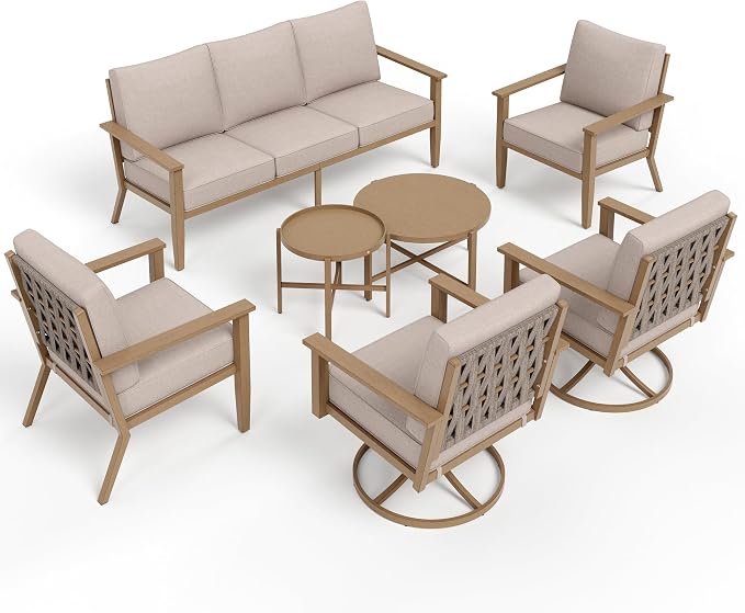 MIXPATIO 7-Piece Patio Outdoor Conversation Furniture Set with Dual Swivel/Stationary Chairs, Steel Modern Outdoor Patio Conversation Sets with Thick Cushions for Porch, Balcony, Backyard-Beige