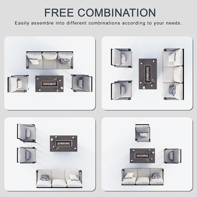 4 Pieces Outdoor Patio Conversation Sets, Outdoor Furniture Set Metal 3-Seater, 2 Single Chairs, Fire Pit Table for Backyard Deck Porch Poolside, Beige