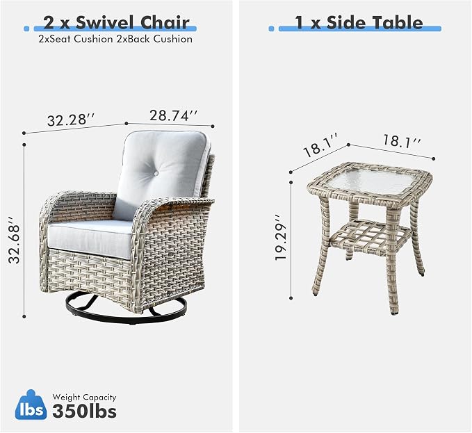 Outdoor Swivel Rocker Patio Chairs with Side Table,Wicker Swivel Rocking Chair Set of 2,3PCS High Back Wicker Patio Furniture Set Glider Chairs for Porch, Balcony, Deck,Yard,Grey