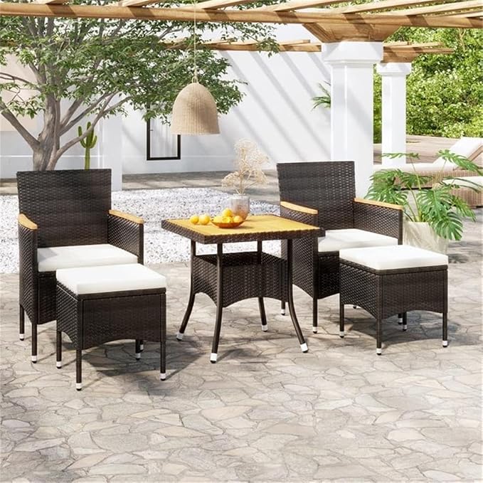 Afuera Living 5-Piece Garden Dining Set, Black/Cream White Poly Rattan, Medium, Square Acacia Wood Table and Cushioned Chairs, Powder-Coated Finish, Modern Indoor/Outdoor Patio Furniture for Balcony