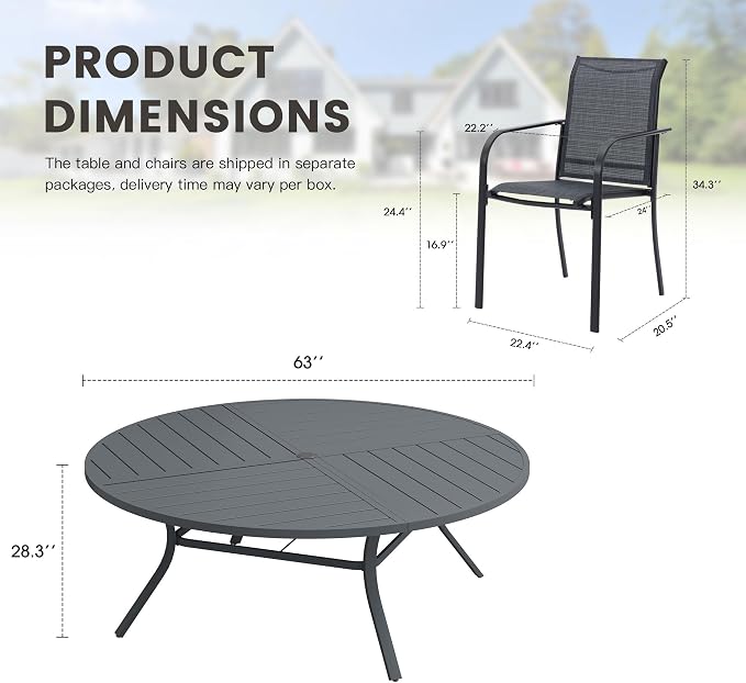 11 Pieces Outdoor Dining Set, Stackable Textilene Paito Chairs & 63.1" Round Dining Table with Umbrella Hole, Patio Dining Set for Backyard, Deck, Garden, Grey & Dark Grey