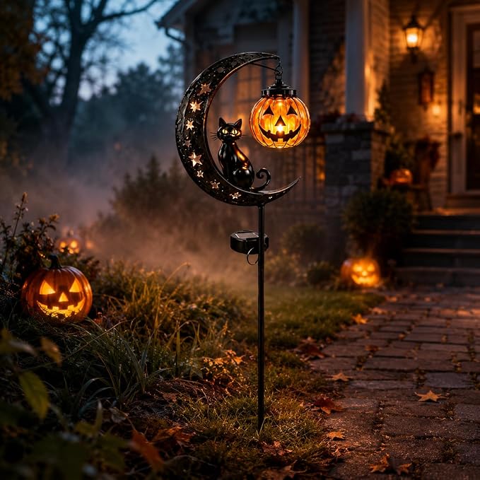 Solar Halloween Black Cat & Pumpkin Moon Garden Stake Light, Outdoor Waterproof LED Yard Decoration with Crescent Moon, Hanging Jack-o'-Lantern Lantern for Garden, Patio, Walkway, Porch(Style A)