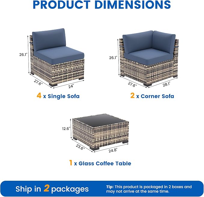 Patio Furniture Sets, 7-Piece Outdoor Patio Furniture with Thick Cushions,Coffee Table Outdoor All-Weather Conversation Set Sectional Sofa for Backyard, Poolside, Garden(Navy Blue)