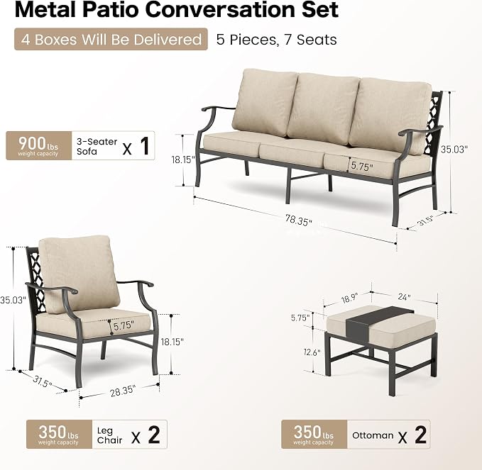 SUNSHINE VALLEY Patio Furniture Set, Modern Metal Outdoor Patio Furniture, 3 Seater Sofa, 2 Fixed Chairs, 2 Ottomans and 5.75" Extra Thick Cushion, Patio Conversation Set for Garden Backyard Deck