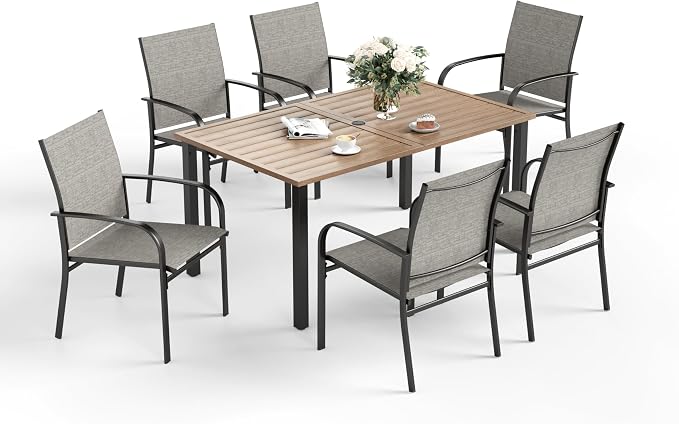 SUNSHINE VALLEY 7 PCS Patio Dining Set for 6, Rectangular Wood-Like Metal Table with Umbrella Hole and 6 Chairs, Outdoor Table and Chairs for Lawn Garden Backyard and Deck, Brown
