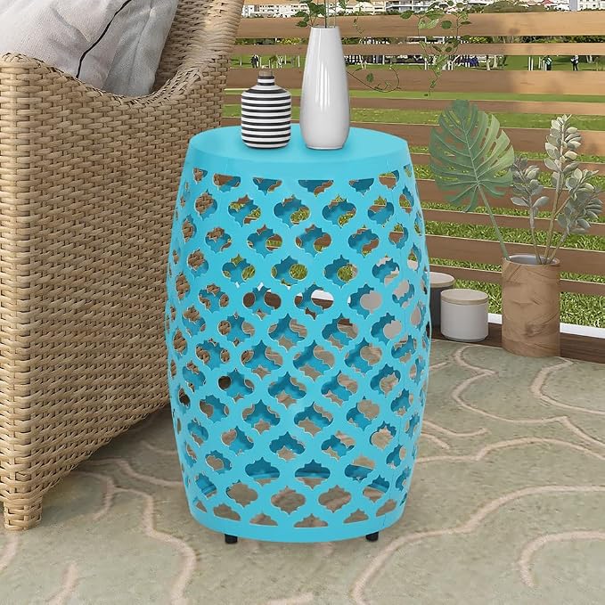 ABBLE Round Patio Outdoor Indoor Lace Cut Steel Side Table, Patio Garden Table, Coffee End Table Nightstand for Small Spaces,Living Room,Front Porch,Poolside, Teal