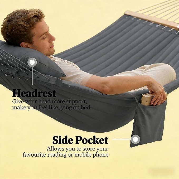 Outdoor Double Hammock with Hardwood Spreader Bars, 440 lb Capacity Patio Hammock, for Patio, Backyard, Porch, Camping & Garden, 128” x 55” (Gray)