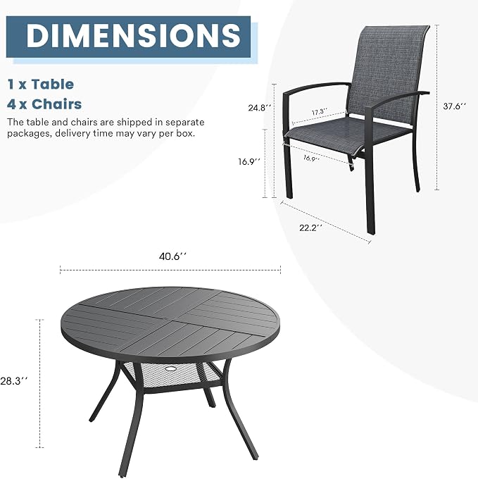 DIFY 5 Pieces Outdoor Dining Set, Metal Patio Table and Chairs Set for 4 with Umbrella Hole, 40.6" Round Dining Table and Textilene Stackable Patio Chairs for Garden Backyard Poolside, Black