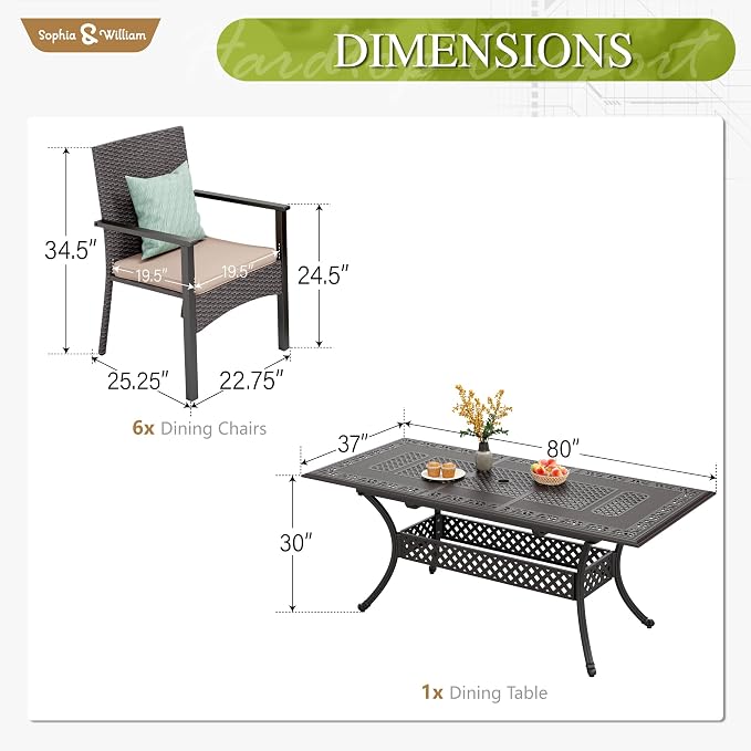 Sophia & William 7pc Patio Dining Set, Cast Aluminum Table, Wicker Chairs | Outdoor Dining Set for 6, Extendable Rectangular Cast Aluminum Patio Table, Perfect for backyard, deck, porch