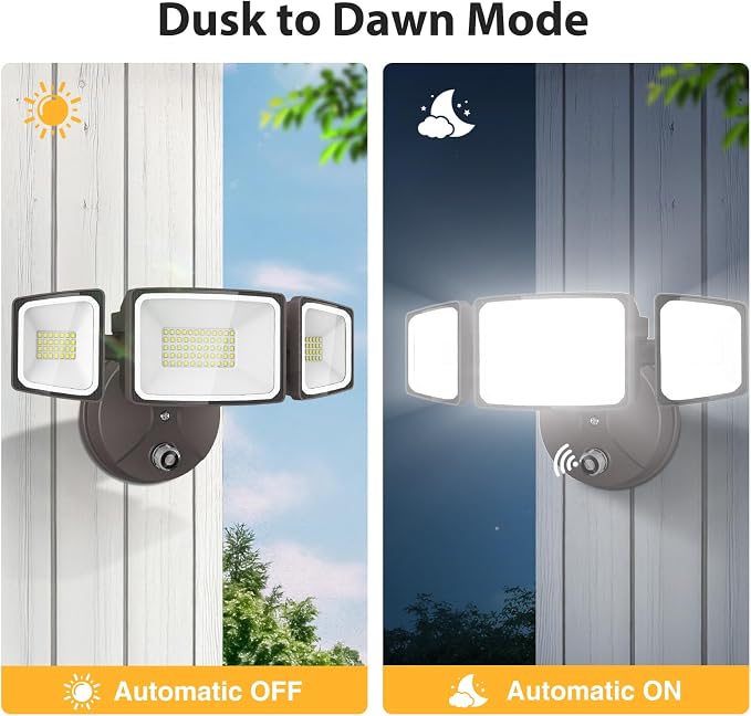 Onforu 80W LED Dusk to Dawn Flood Lights, 8000LM Brown Exterior Security Outdoor Lighting,IP65 Waterproof Outdoor 3 Adjustable Heads Photocell Light Fixture,6500K Floodlight for Garage,Patio,Yard