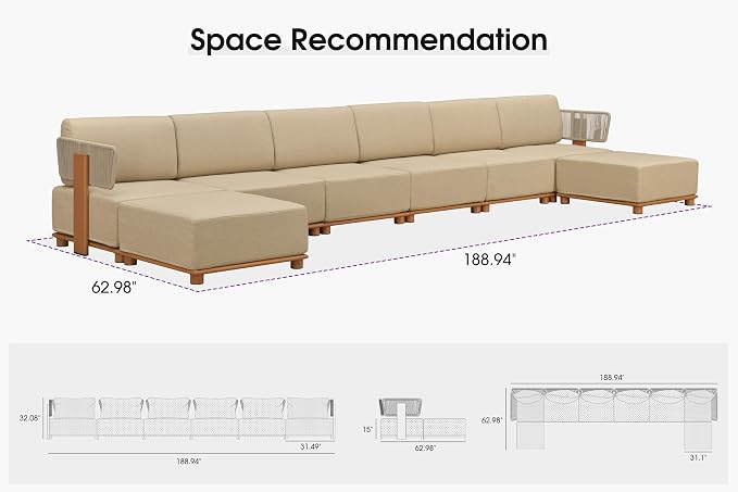 PURPLE LEAF Patio Furniture Set Modular U-Shaped Outdoor Sectional Sofa with 11" Thick Olefin Cushion 8-Piece Outdoor Conversation Set w/Ottomans & Coffee Lights for Backyard Garden Poolside, Beige