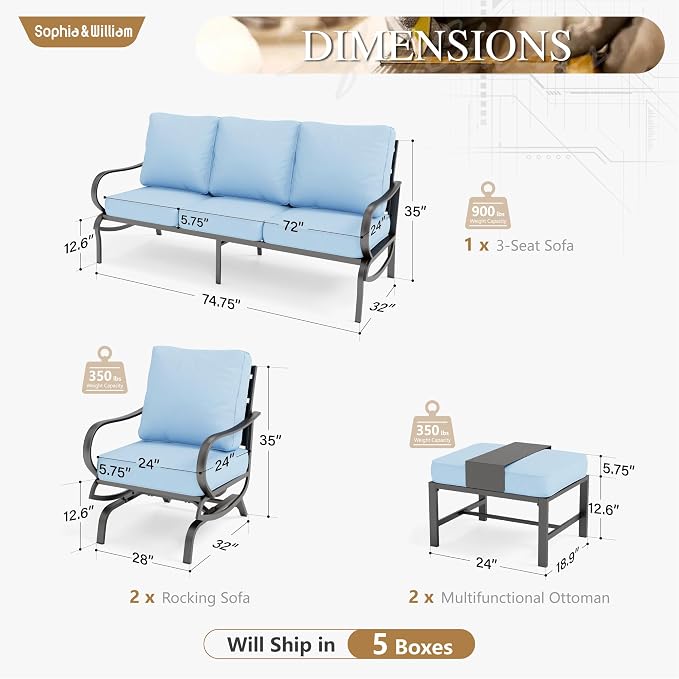 Sophia & William Patio Furniture Sets 5 Seats Outdoor Metal Conversation Sets 5 Pcs with 2 x Cushioned Swivel Sofa Chairs,1 x 3-Seat Sofa,2 x Ottomans for Coffee Lawn Backyard Poolside Blue