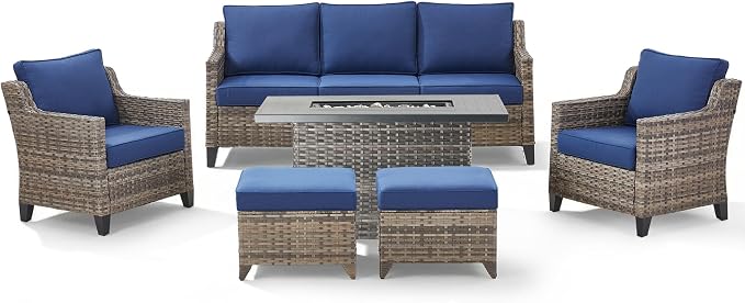 Patio Furniture Set with 42.5" Fire Pit Table-6 Pieces All Weather Wicker Outdoor Furniture with High Back Wicker Patio Chairs Set of 2 Outdoor Couch for Deck Backyard Blue/Gray