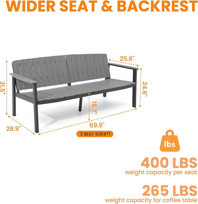 Outdoor Aluminum Sofa, All-Weather Outdoor Seating Sofa Aluminum Frame HDPS Faux Wood, Patio Sofa Couch for Porch, Balcony, Deck, Yard Grey