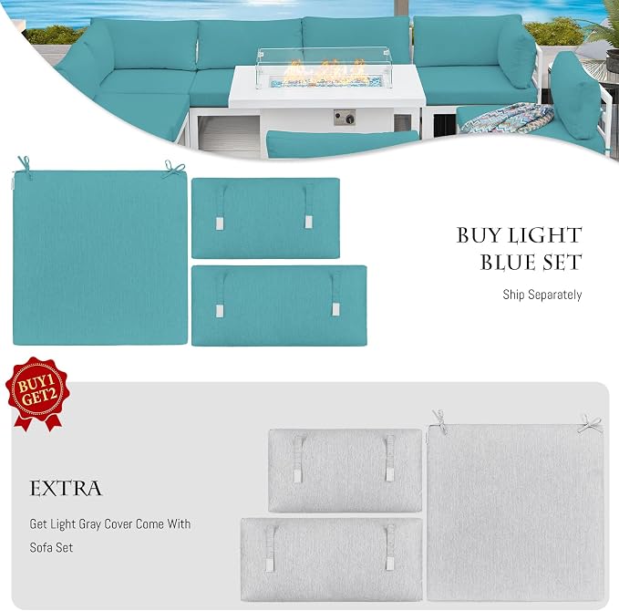 BULEXYARD 11 Piece Large Modern Aluminum Outdoor Sofa with Lounge Chair & Fire Pit Table, 500 lbs Durable Sectional Set for Heavy People, All Weather Comfy Patio Furniture Set for Backyard, Turquoise