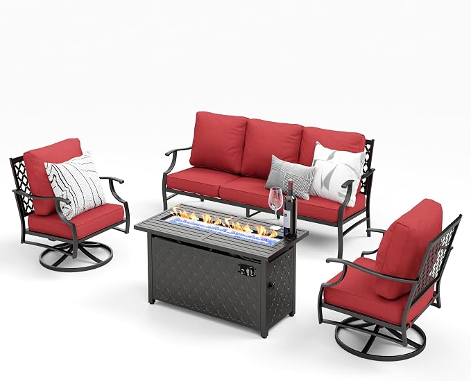 MIXPATIO Patio Furniture Set, 4 Pcs Metal Outdoor Conversation Set, 2 Swivel Chairs and 3 Seater Sofa with 5.75" Extra Thick Cushion and Gas Fire Pit Table for Backyard Deck, Red