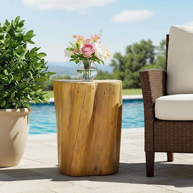 Outdoor Side Table, Fiber Reinforced Concrete Patio End Table, 17.9 Inch Natural Wood Look Garden Stool Statue with Crack Texture Design for Patio, Garden, Porch, Poolside