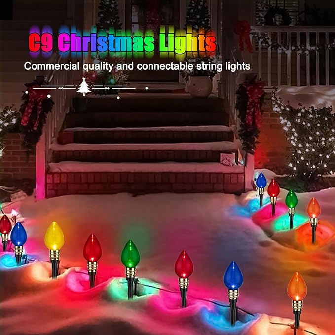 4 Pack C9 Christmas Pathway Lights Outdoor, Total 69.6Ft 40 LED Stake Light | Connectable C9 Pathway Lights, Waterproof Christmas Lights Outdoor for Walkway Yard Lawn Ground Sidewalk Driveway Decorations