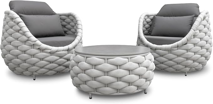 Front Porch Furniture Set 3 Piece: Aluminum Woven Rope Patio Conversation Sofa Set for 2 - Assembled Outdoor Deck Couch Armchair Set Cushions - for 400lb Balcony Pool Yard Bistro Hotel - Gray