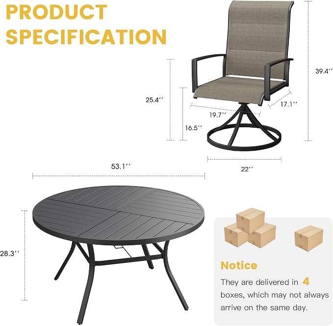 VICLLAX Patio Dining Set for 6, 6 Seats Outdoor Furniture Includes 53.1" Round Patio Table and Swivel Padded Chairs, Black Tabletop and Mixed Brown Fabric
