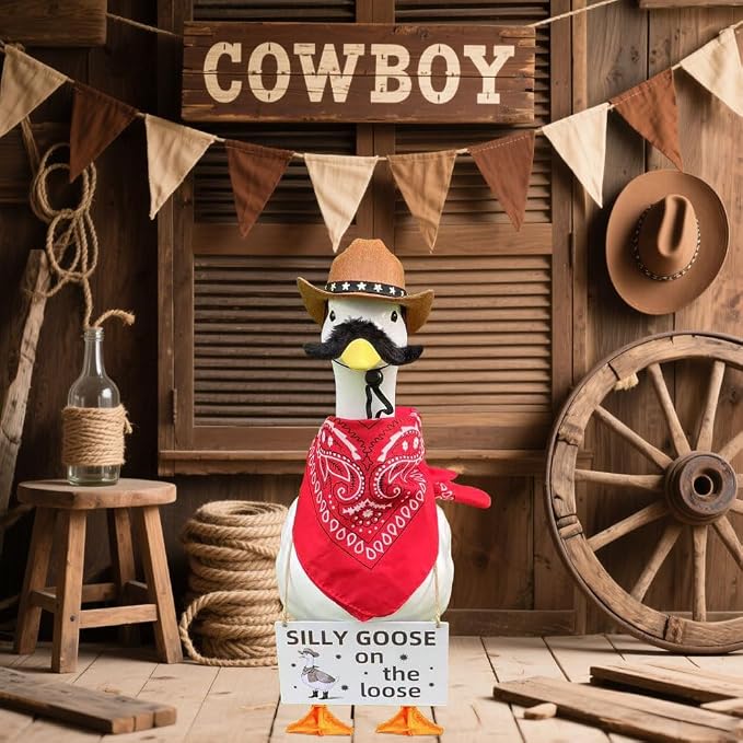 9pcs Cowboy Porch Goose Outfit,Lawn Goose Statue Costume | Fits 17"/23" Plastic/Cement Statue Goose Costume Dress for Front Outdoor Courtyard Garden Patio Yard Decoration