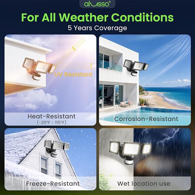 ALUSSO Motion Sensor Outdoor Lights Hardwired(Not Solar),40W 4500LM Flood Lights Outdoor 120V, 3CCT 3000K/4000K/6500K, 3 Modes(Dusk to Dawn/Auto/On Time) Security Light ETL Listed, Black, 2Pack