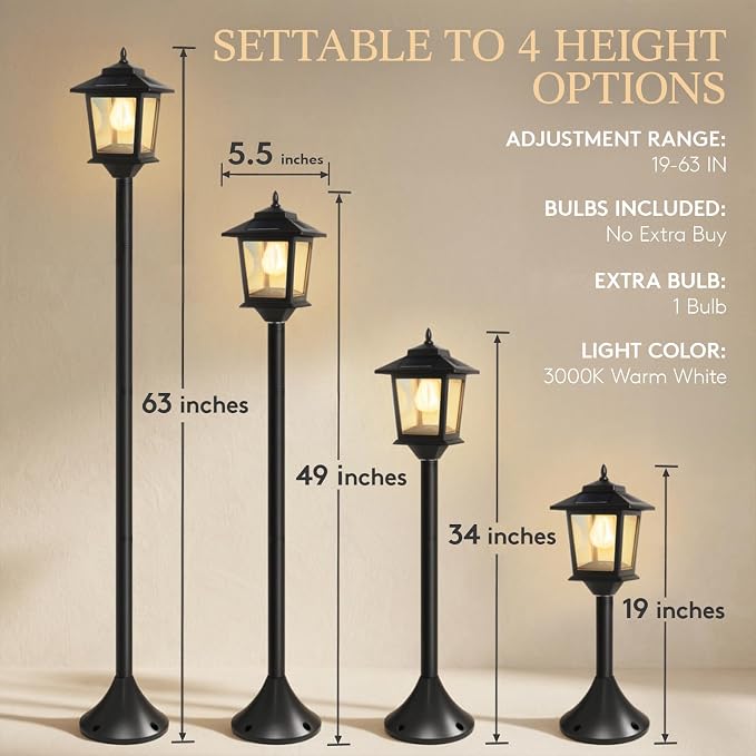 PASAMIC Solar Post Lights Outdoor, 2-Pack 63" Solar Lamp Posts Waterproof with 1 Replaceable Bulb, Warm White Dusk to Dawn Pole Lights for Garden, Patio, Pathway