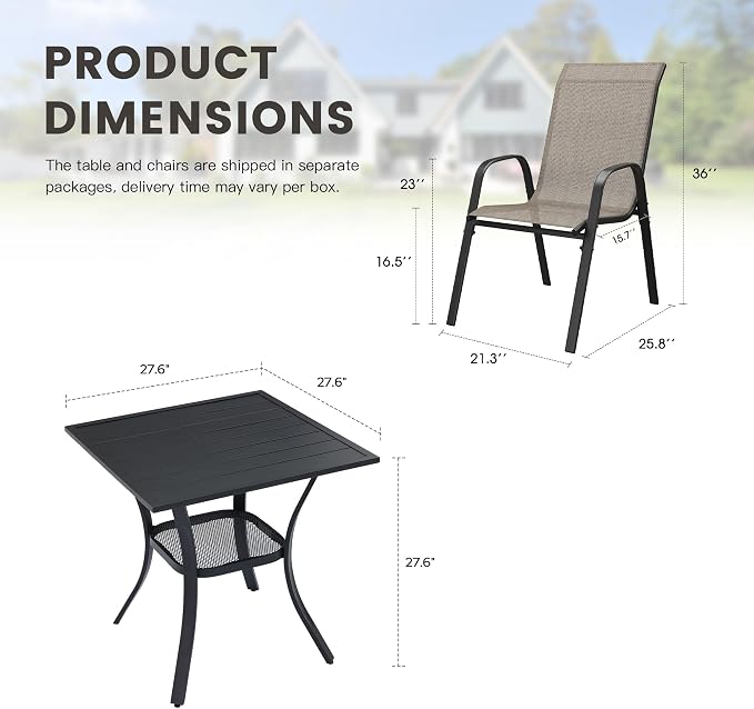 3 Pieces Outdoor Dining Set, 27.5" Square Table & Stackable Patio Dining Chairs, Patio Table and Chairs Set for Deck Garden Porch, Brown Chairs & Black Table