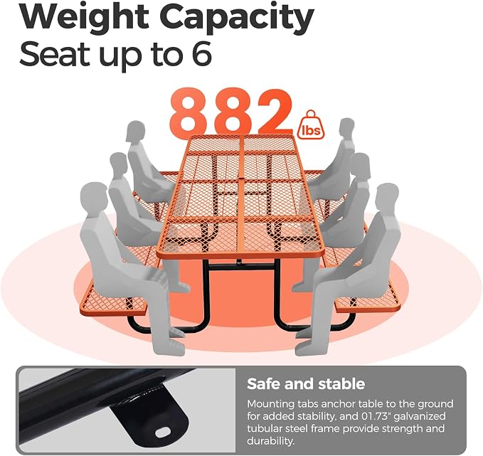 72 Inch Heavy Duty Picnic Table for Outdoors, Rectangular Camping Table with Benches and 1.78" Umbrella Hole, Commercial Grade Steel Frame, 2200 lbs Load Capacity, Orange