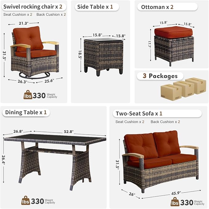 MEISSALIVVE 7 Pieces Patio Furniture Sets, PE Wicker Outdoor Conversation Sets with 2 Wood Armrests Swivel Rocker Chairs, 2 Ottomans, 2-seat Sofa and Dining Table (Red)