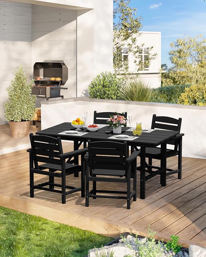 PLUUV 66" Outdoor Dining Table, All-Weather HDPE Rectangular Patio Table with 2” Umbrella Hole, Weatherproof, Black