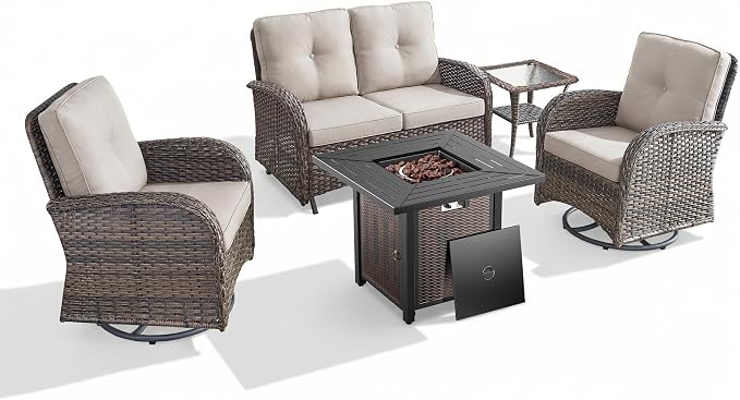 5 Piece Patio Furniture Set with Fire Pit Table - Wicker Patio Conversation Set with Swivel Glider, Glider Loveseat, Tempered Glass Side Table for Deck Backyard - Brown Wicker Beige Cushion