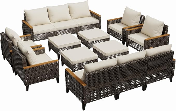 14 Piece Patio Furniture Set, All-Weather Wicker Rattan Outdoor Sectional Sofa Set with High Back and Thick Cushions, Large Conversation Set for Garden, Porch, Poolside, Beige