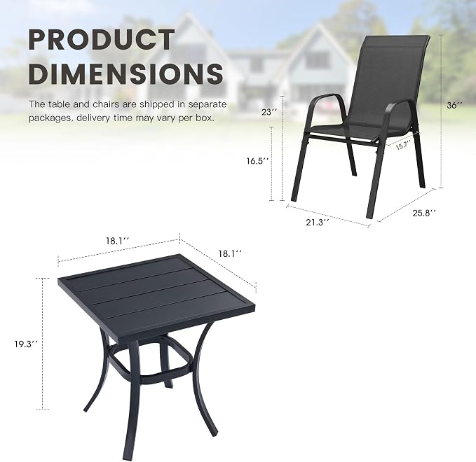 3 Pieces Small Outdoor Dining Set, 18.1" Square Outdoor Side Table & Stackable Patio Dining Chairs, Patio Table and Chairs Set for Deck Garden Porch, Black Chairs & Black Table
