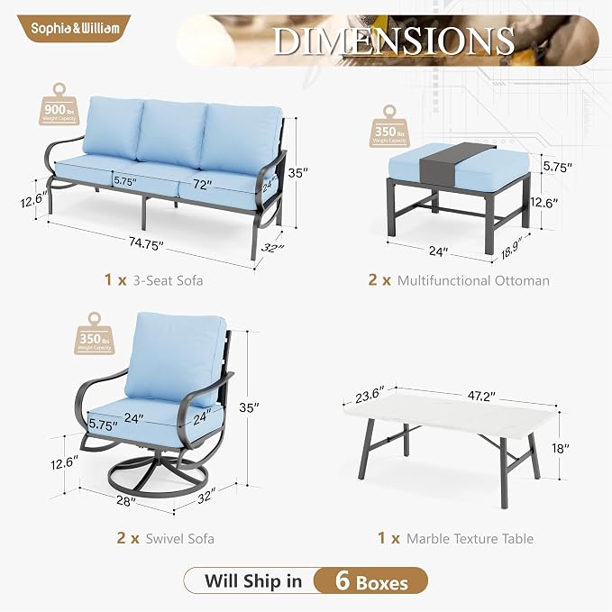 Sophia & William Patio Furniture Sets 7 Seats Outdoor Conversation Set 6 Pcs,2 x Cushioned Swivel Sofa Chairs,1 x 3-Seat Sofa,2 Ottomans, Marbling Metal Coffee Table Patio Backyard Poolside Blue
