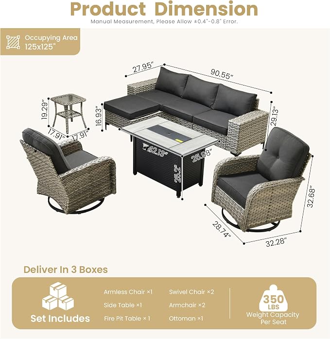 HOOOWOOO Outdoor Sectional Furniture Set with Fire Pit Table,8 Pieces Wicker Patio Conversation Sets,L Shape All Weather Outside Couch Sofa Set with Swivel Chairs Side Table Ottoman,Black