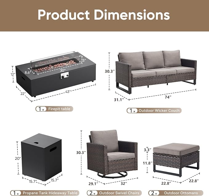 HUMMUH Patio Furniture Set with Fire Pit Table,7 Piece Wicker Outdoor Conversation Sets -Outdoor Swivel Rocker Chairs Patio Sofa for Porch,Garden,Backyard