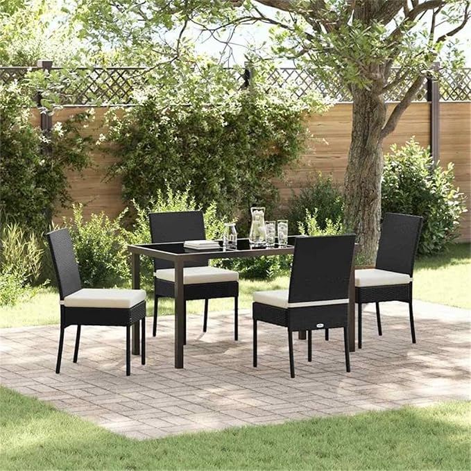 Afuera Living 5 Piece Poly Rattan Garden Dining Set, Black Finish, Powder-Coated Steel Frame, UV-Resistant Material, Removable Cushions with Zipper, Modern Patio or Garden Seating for Outdoor Dining