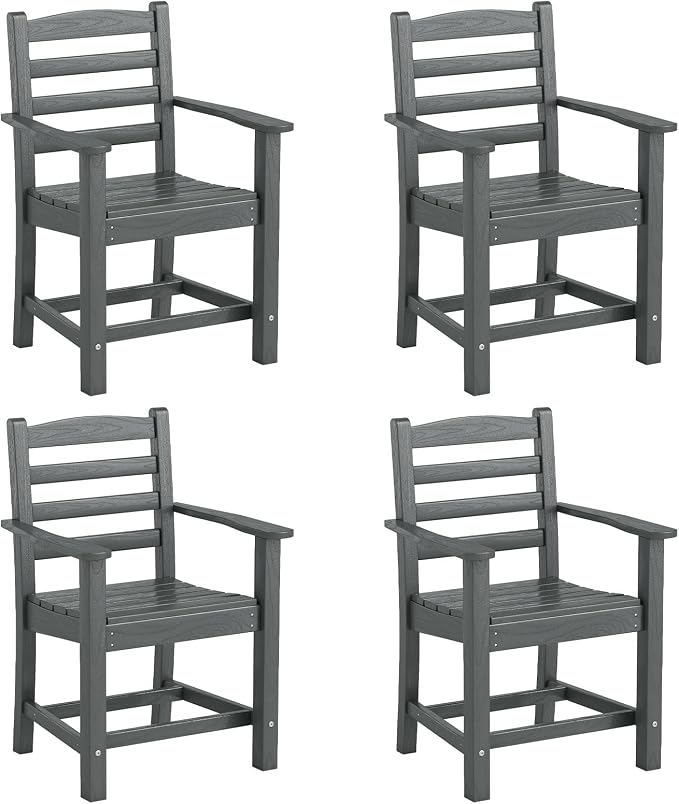 Tangkula Patio Dining Chairs Set of 4, HDPE All Weather Outdoor Chair w/Wide Armrests, Curved Seat, Wood Grain, Plastic Porch Chair for Backyard, Garden, Front Porch, Poolside (Gray, 4 Chairs)