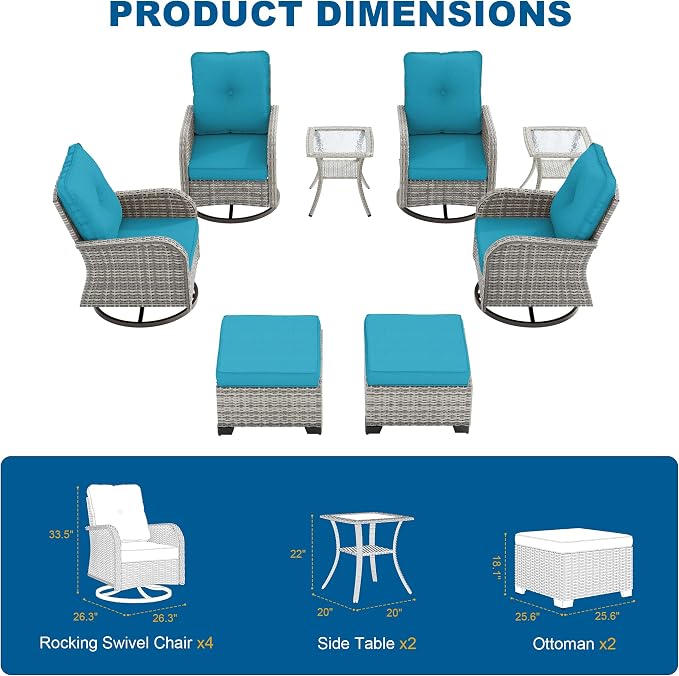 8-Piece Small Patio Furniture Set, Outdoor Swivel Rocking Chairs Set with Ottomans, Patio Bistro Set for Balcony, Deck, Porch, Lake Blue