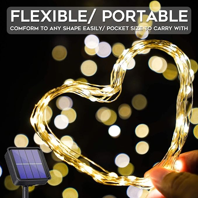 Solar Fairy Lights Outdoor, 2 Pack Twinkle Lights Warm White | Total 66ft 200led solar lights with 8 Lighting Modes. Copper Wire string Lights for garden, yard, patio, fence outdoor decor