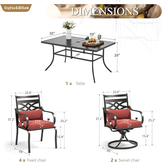Sophia & William Patio Dining Set, Steel, Red | Umbrella Hole, Swivel Chairs, E-Coated, Cushions Included, For Patio, Garden and Yard