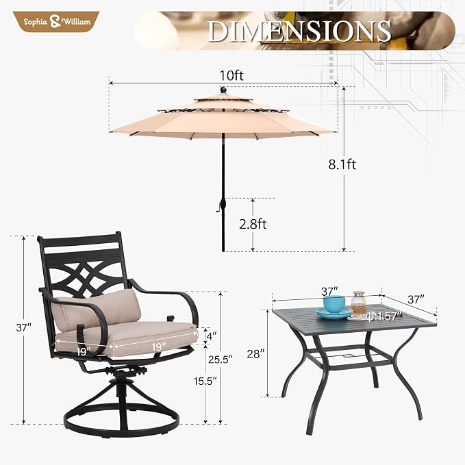 Sophia & William Patio Dining Set, Steel, 10ft Umbrella Beige | Swivel Chairs, E-Coated, Cushions Included, For Patio, Garden and Yard