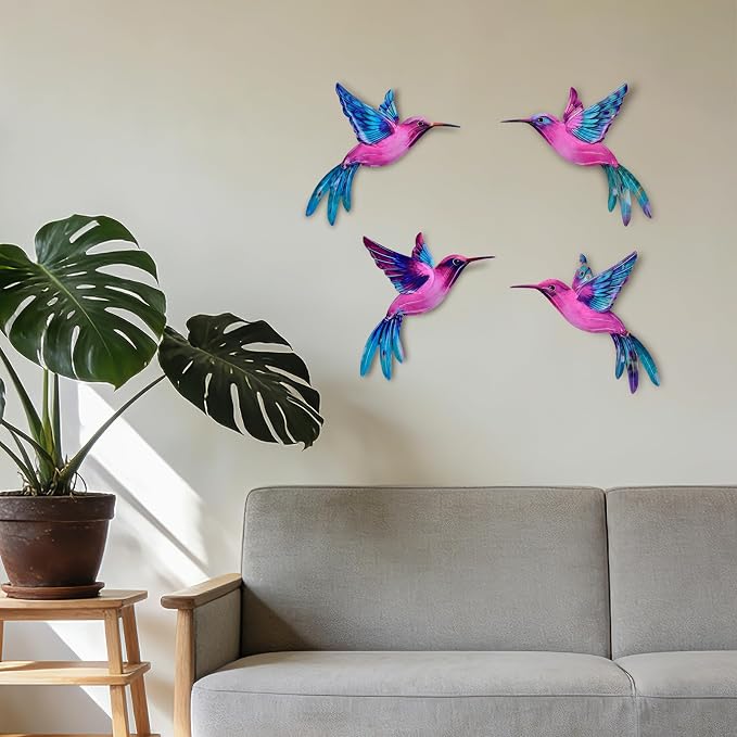 4 Pack Metal Hummingbird Wall Art Decor - 3D Colorful Birds Outdoor Wall Art,Hanging Decoration for Patio, Garden, Balcony and Fence (B)