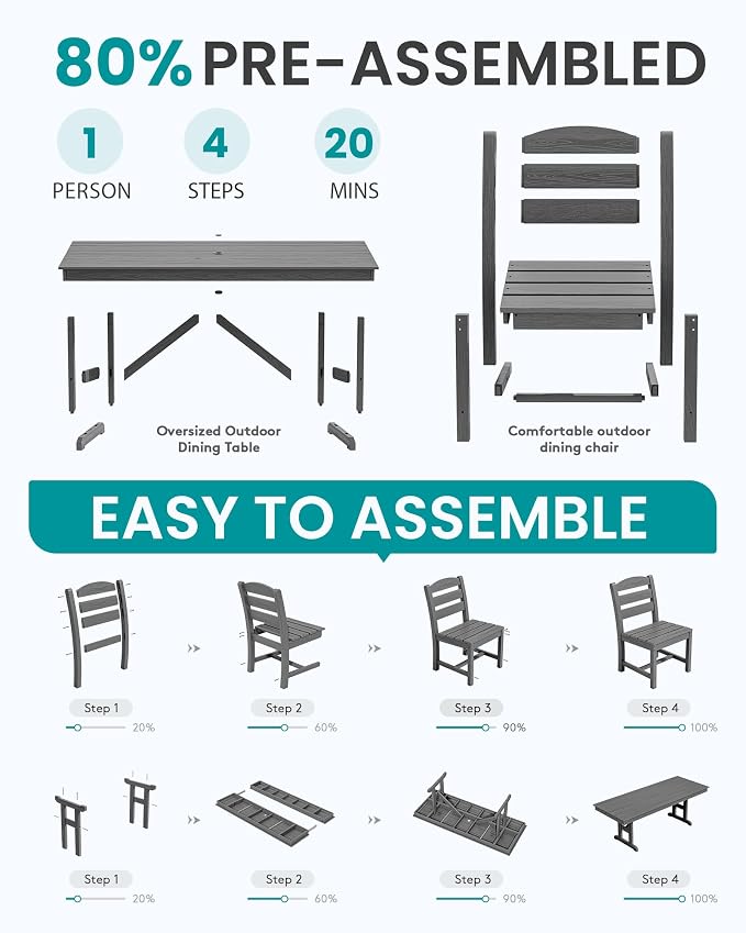 SERWALL 10 Piece Outdoor Dining Set with 15ft Triple-Head Foldable Umbrella(Based not Included), 84" HDPE Outdoor Table and Armless Chairs Set for 8, Gray
