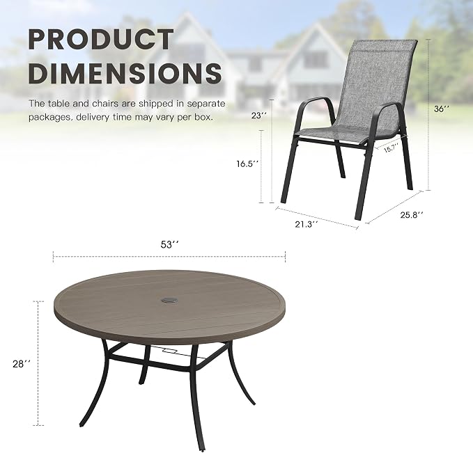 9 Pieces Outdoor Dining Set, 53" Round Table with Umbrella Hole & Stackable Patio Dining Chairs, Patio Table and Chairs Set for Deck Garden Porch, Grey Chairs & Grey Table