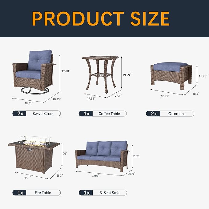 7 Pieces Outdoor Patio Furniture Set with Fire Pit Table, Wicker Patio Sectional Set Conversation Wicker Swivel Chairs with Small Side Table