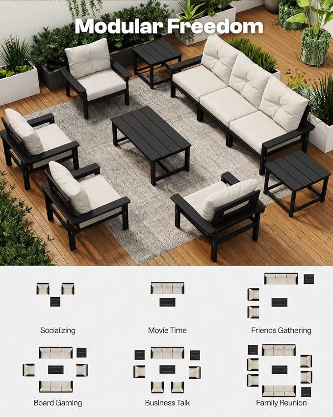 HDPE Outdoor Patio Furniture Set, 10-Piece Patio Conversation Sets with Coffee Table & Beige Washable Thick Cushions, Outdoor Sofa for Garden, Balcony, Porch, Yard (Black Frame)