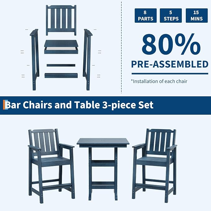 3-Piece HDPE Outdoor Bar Table and Stools Set, 39.6" Tall Pub Table with Umbrella Hole and 2 Counter Height Chairs, Weatherproof Patio Dining Furniture for Backyard, Balcony, Bistro, Navy Blue